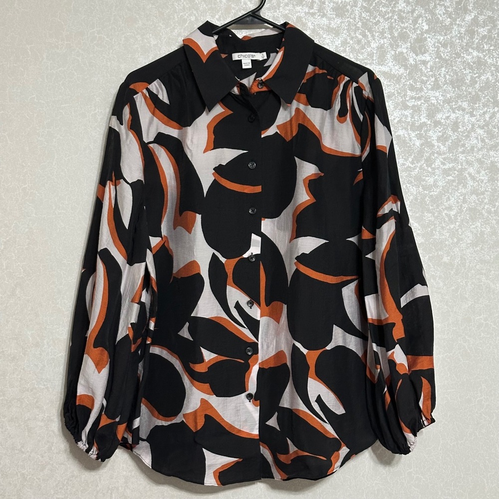 Chico's Abstract Floral Button Down Blouse Black Orange‎ Professional Sz 2 12